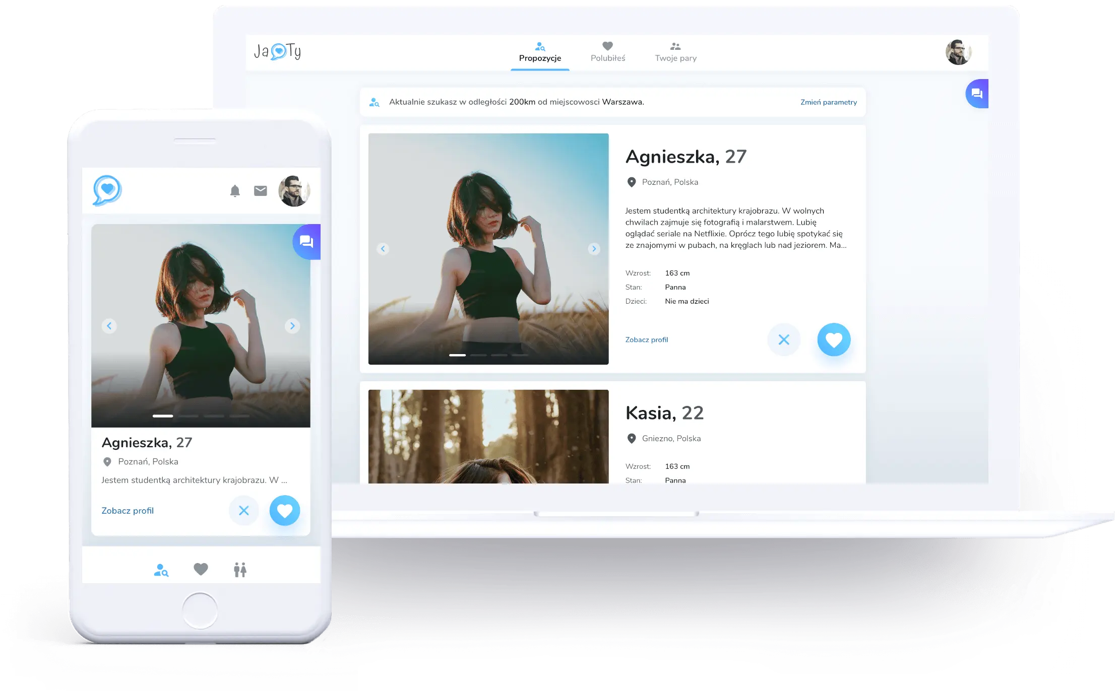 Podgląd portalu randkowego JaTy na telefonie i komputerze