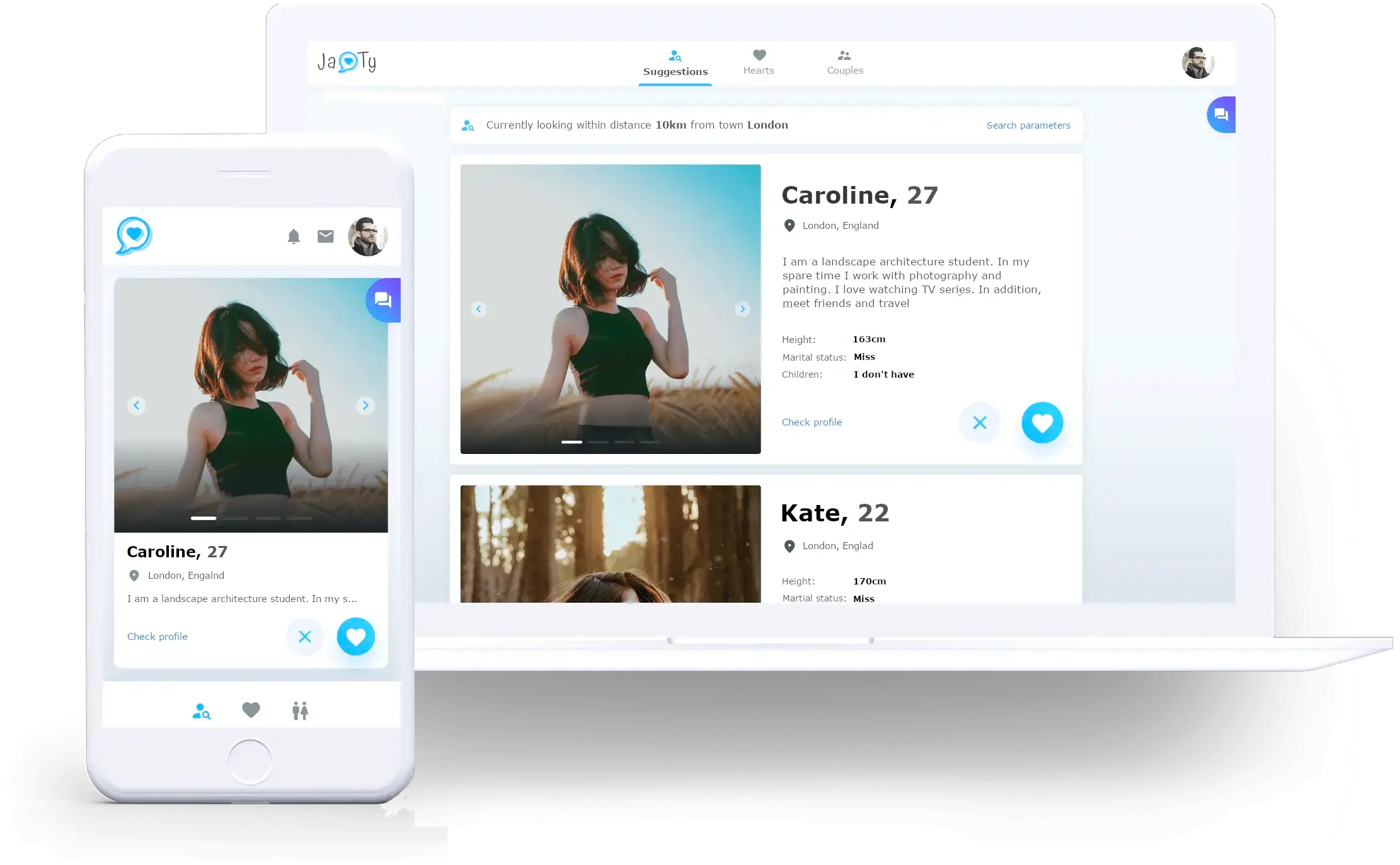 The JaTy dating site on a phone and computer
